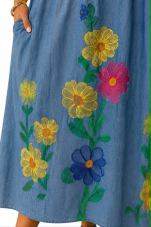 Rochie din bumbac si denim croi larg si flori brodate [1]