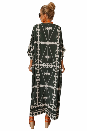 Rochie asimetrica   din vascoza pe fond verde kaki cu imprimeu geometric [1]