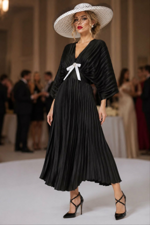 Rochii lycra & poliester & voal - Rochie eleganta neagra plisata cu decolteu adanc