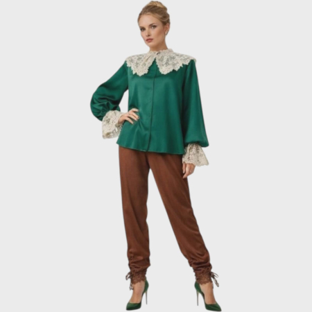 Pantaloni bumbac & vascoza & tricot & poliester - Pantaloni din bumbac maro stil parizian cu dantela la glezna