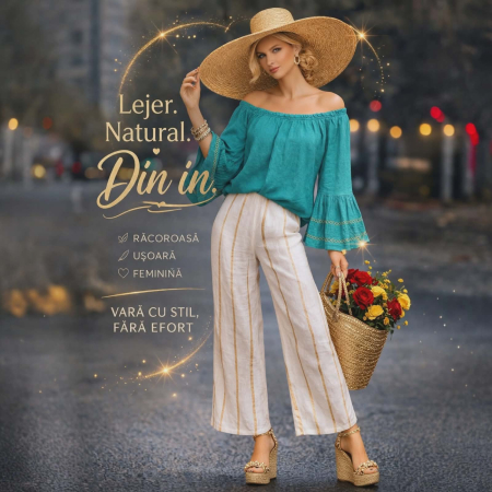 Bluze in - Bluza albastru turcoaz din in croi larg si volane la maneci