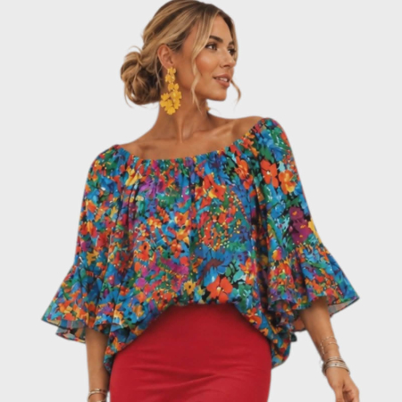 Bluze sezon rece & pulovere - Bluza din bumbac cu elastic la decolteu si  volane la maneci