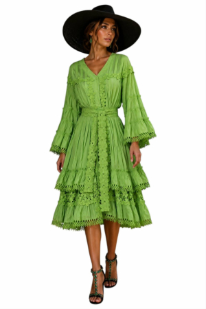 Rochii sezon cald - Rochie eleganta verde praz cu maneci clopot si dantela