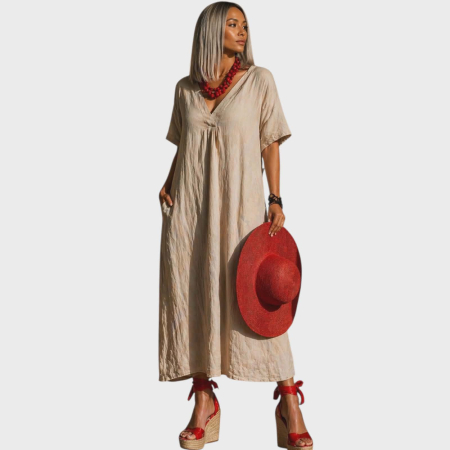 Rochii in - Rochie croi larg  din in crem si buzunare laterale ascunse