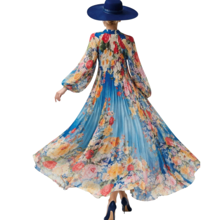 Rochie din satin lunga plisata bleumarin cu imprimeu floral multicolor [1]