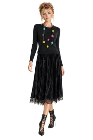 Rochii din tricot - Rochie neagra din tricot si catifea usor plisata  cu dantela la terminatie