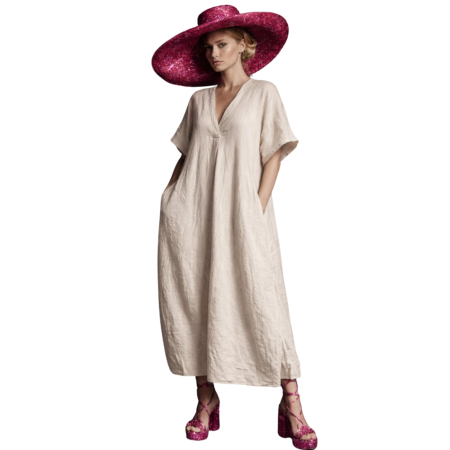 Rochii in - Rochie crem din in croi larg si buzunare laterale ascunse