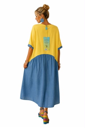 Rochie din bumbac si denim croi larg si flori brodate [2]
