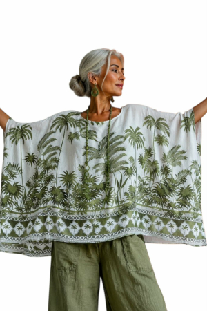 Bluza din vascoza croi larg tip poncho cu imprimeu frunza verzi [1]