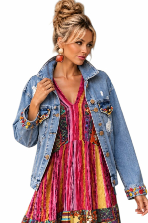 Geci /Veste - Geaca  de blugi cu rupturi decorative si margele din lemn