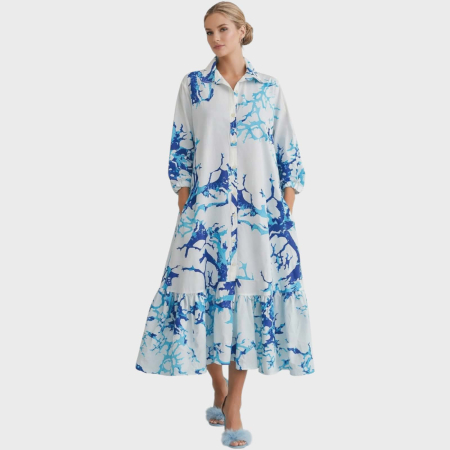 Rochii bumbac - Rochie din bumbac pe fond alb si volane la poale