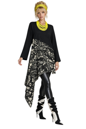 Bluze vascoza - Bluza asimetrica din vascoza in negru si crem cu aspect zdrenturos