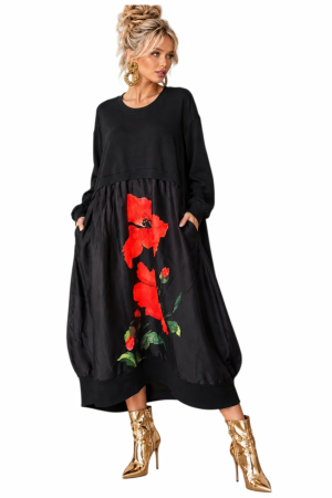 Rochii bumbac - Rochie din bumbac si satin cu imprime floare  mac