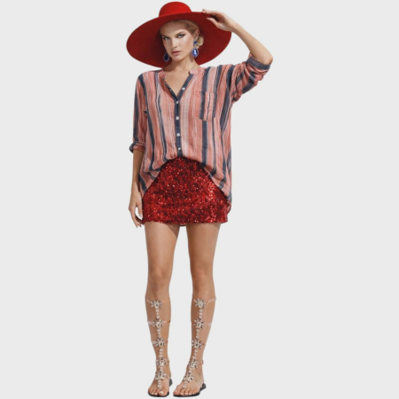 Bluze in - Bluza din in si model in nuante de albastru si roz tip tunica