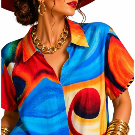 Rochie din bumbac tip camasa in forma de A cu imprimeu artistic [2]
