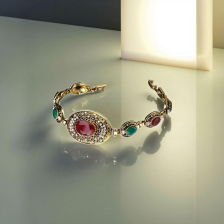 Bratari - Bratara din Metal Gablont Auriu cu Pietre Colorate si Marcasite si Aspect Vintage