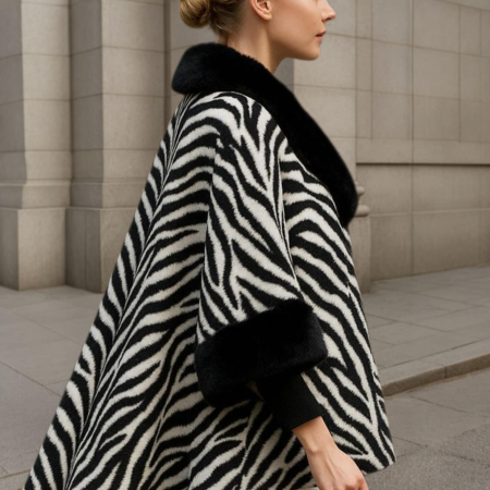 Haina Asimetrica Tip Poncho Eleganta cu Imprimeu Zebra si Guler Blana Ecologica [3]