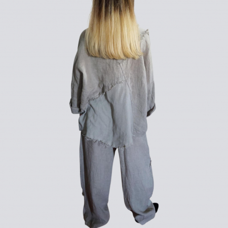 Pantaloni croi larg gri din in cu aspect zdrenturos [3]