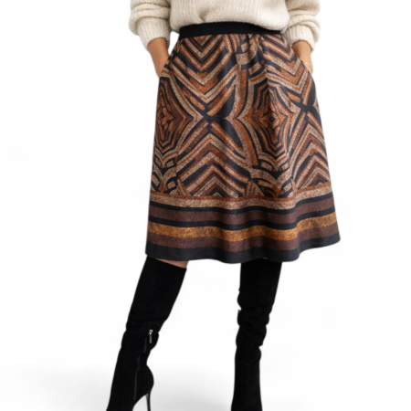 Fusta midi evazata cu imprimeu geometric in nuante de maro si negru [1]