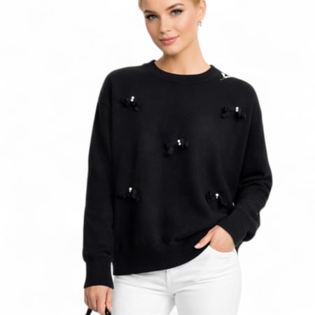 Pulovere - Pulover negru tricotat cu fundite pe partea din fata si decolteu rotund