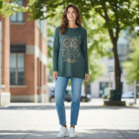 Bluza verde cu model bufnita din detalii metalice aurii [1]