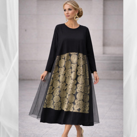 Rochii pentru  ocazii - Rochie neagra din bumbac si tulle cu inserii aurii si fir lame