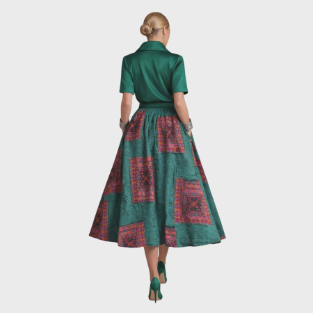 Fusta din bumbac  pe fond verde in stil boho cu buzunare si elastic in talie [3]