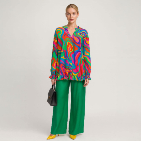 Bluze sezon cald - Bluza tip tunica cu imprimeu psihedelic si volanase