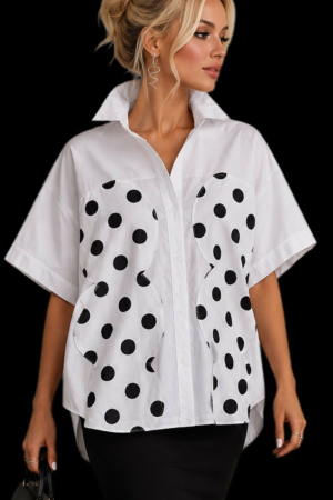 Camasi bumbac - Camasa croi larg alba  din bumbac si model buline negre