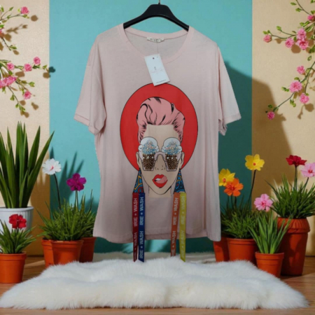 Bluze sezon cald - Bluza din Bumbac cu Model Fata si Margele la Ochi