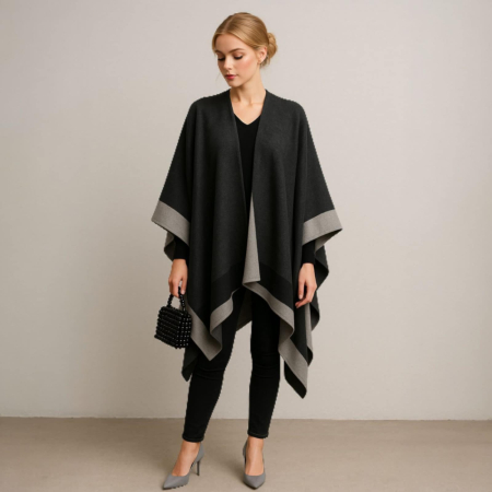 Poncho sezon rece - Poncho tip pelerina elegant gri cu margini deschise pentru sezon rece