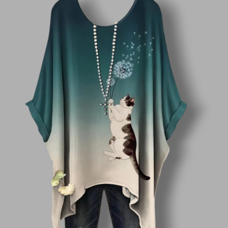 Bluze /pulovere pisica - Bluza Asimetrica Tip  Fluture cu Imprimeu Pisica Care Sufla in Papadie