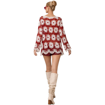 Bluza croseta alb-crem cu motive florale si insertii visinii [3]