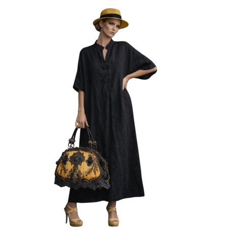 Rochii in - Rochie lunga din in tip tunica cu aplicatii macrame la decolteu