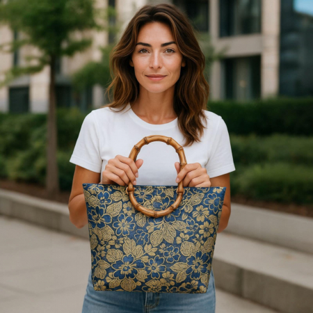 Genti - Geanta din Material Textil cu Imprimeu Floral si Manere din Lemn
