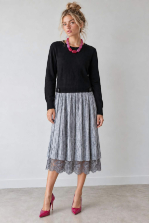 Rochii din tricot - Rochie tricotata cu fusta din catifea gri plisata cu dantela pe interior