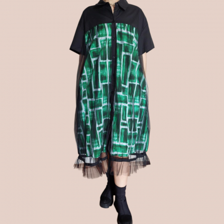 Rochii sezon cald - Rochie din Bumbac si Tulle Tip Camasa cu Buzunare Laterale Ascunse