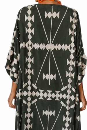 Rochie asimetrica   din vascoza pe fond verde kaki cu imprimeu geometric [2]