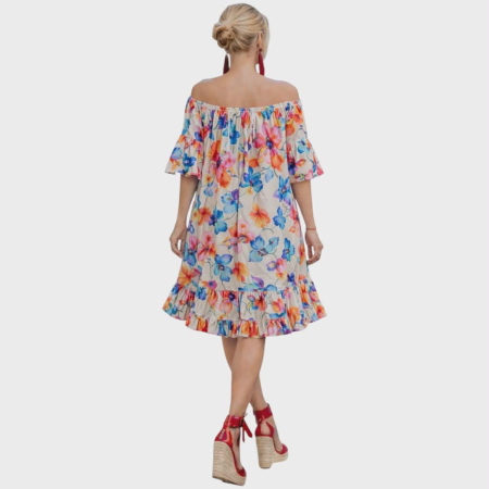 Rochie croi larg pe fond crem cu voalane si elastic la decolteu [2]