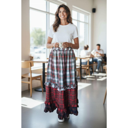 Fuste poliester - Fusta Lunga cu Imprimeu in carouri si Volane la Poale