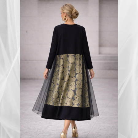 Rochie neagra din bumbac si tulle cu inserii aurii si fir lame [1]