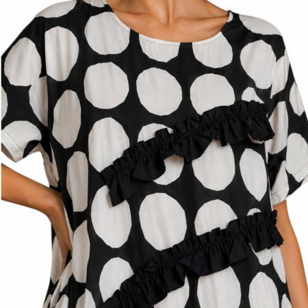 Rochie din bumbac alb-negru cu buline si volane decorative [2]