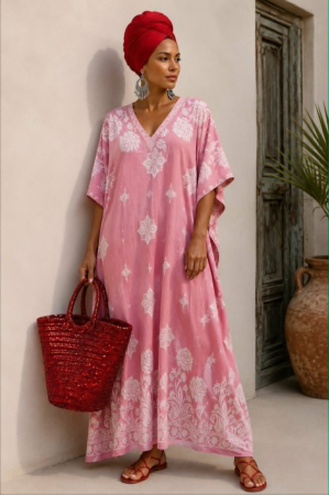 Rochii sezon cald - Kaftan din bumbac si vascoza cu imprimeu tip broderie