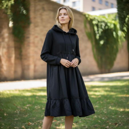 Rochii bumbac - Rochie neagra din bumbac tip hanorac cu volan in partea de jos la poale