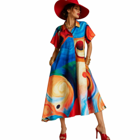 Rochii sezon cald - Rochie din bumbac tip camasa in forma de A cu imprimeu artistic