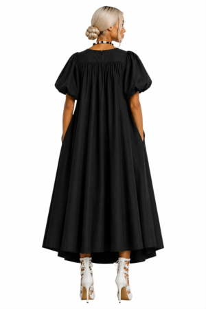 Rochie ampla neagra  din bumbac  cu maneci bufante si guler tunica [2]