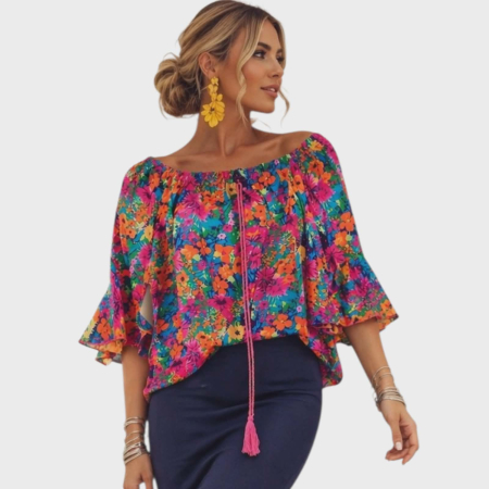 Bluze sezon cald - Bluza din bumbac cu elastic la decolteu si volane la maneci