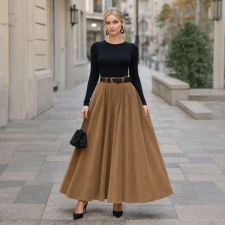 Fuste sezon rece - Fusta pantaloni ampla din reiat fin cu centura inclusa