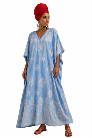 Rochii tip poncho/ kaftan - Kaftan din bumbac si vascoza cu imprimeu tip broderie