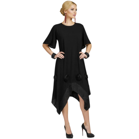 Rochii bumbac - Rochie neagra din bumbac cu aplicatii florale cu maneci scurte